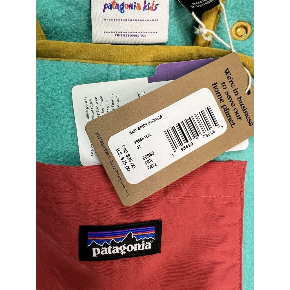 Patagonia Kids Baby Synchilla 1 Piece Fleece Overalls Adjustable Straps 3T Teal - Picture 3 of 6